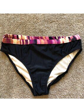 NEW NWOT 24TH OCEAN Black Purple Cream ish Stripe Bikini Swimsuit Bottom Large L